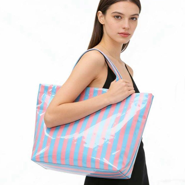 Large Striped Vinyl Tote Bag
