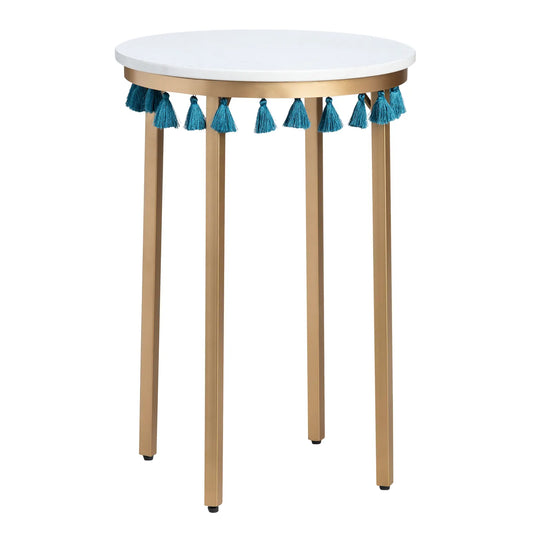 Marble Accent Table with Teal Tassels