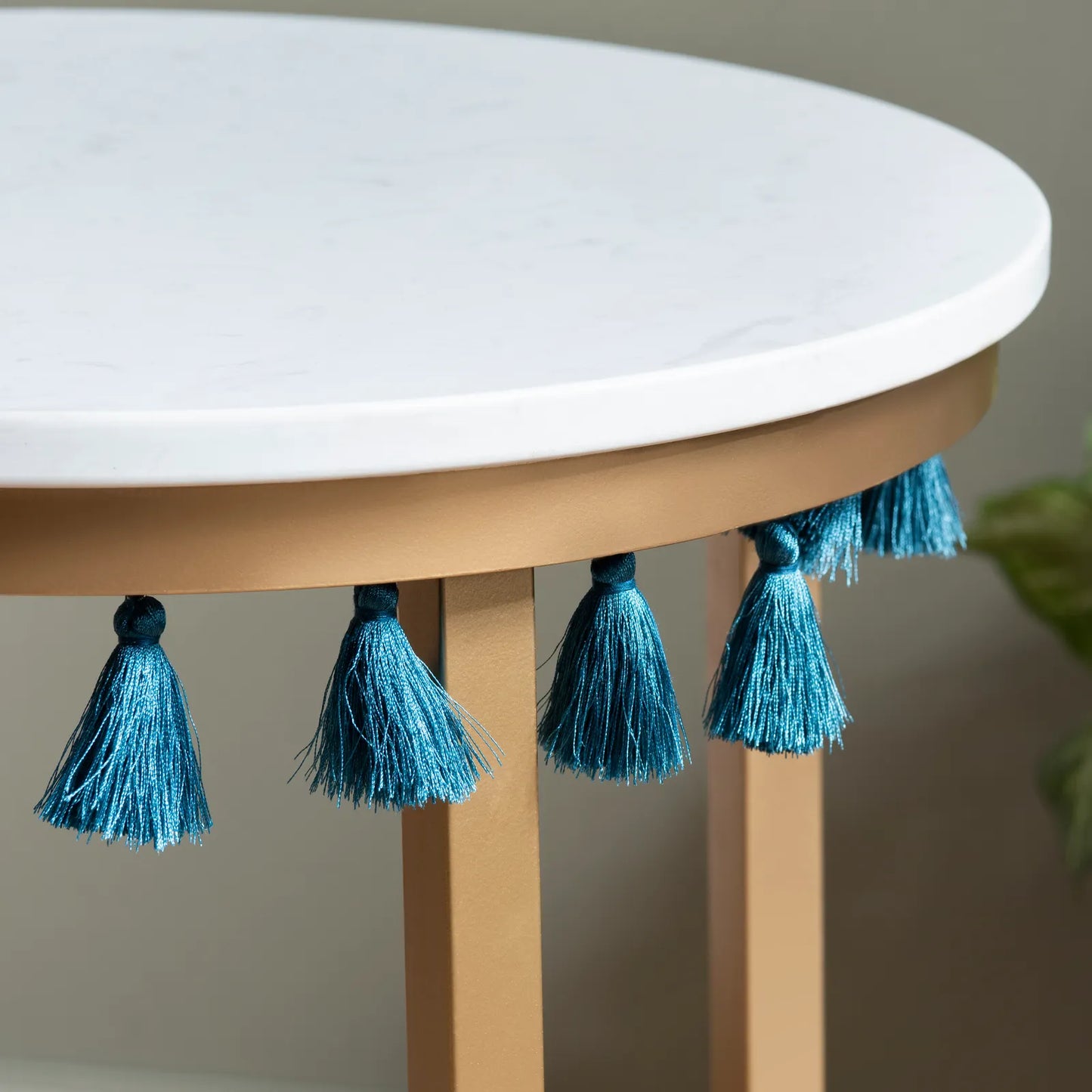 Marble Accent Table with Teal Tassels