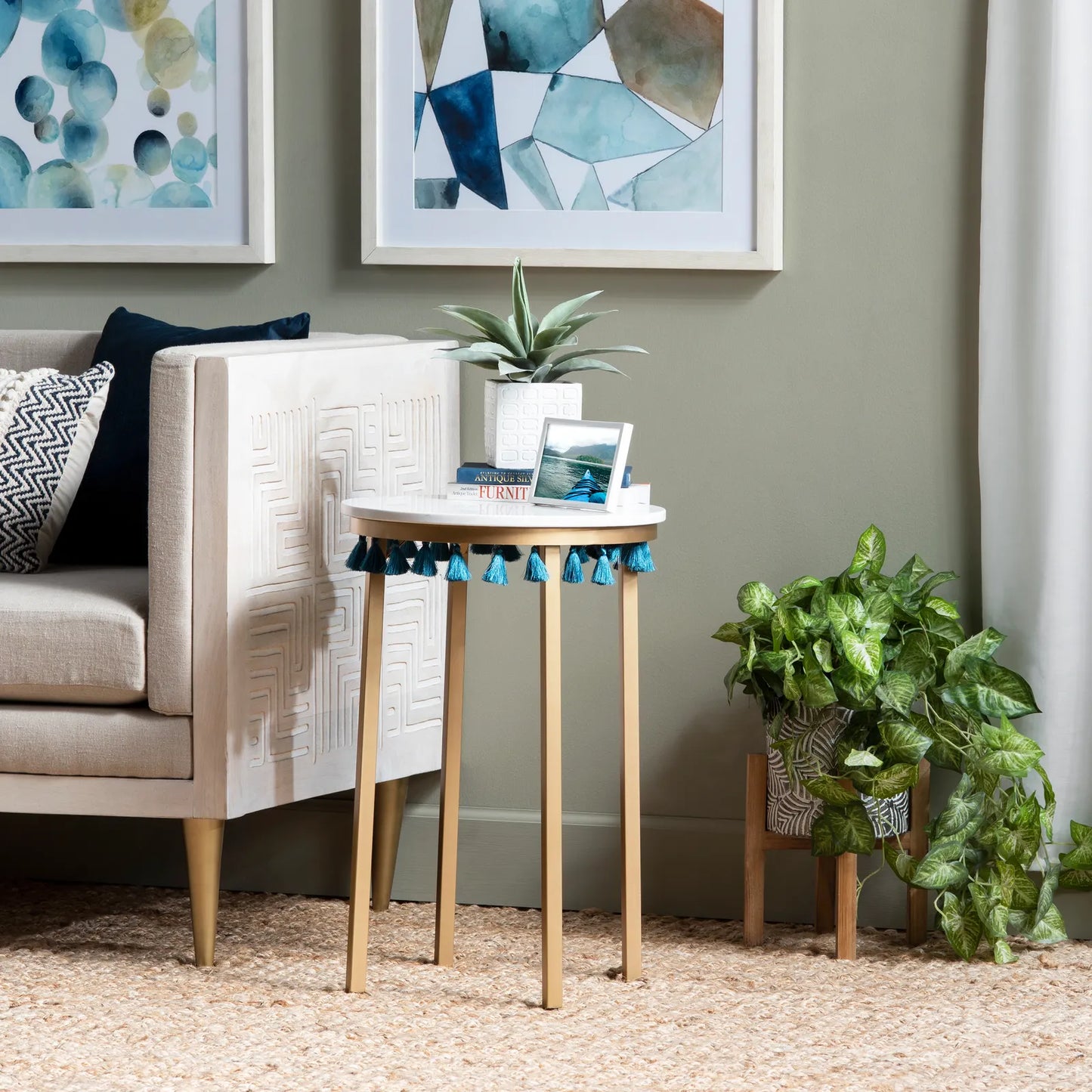 Marble Accent Table with Teal Tassels