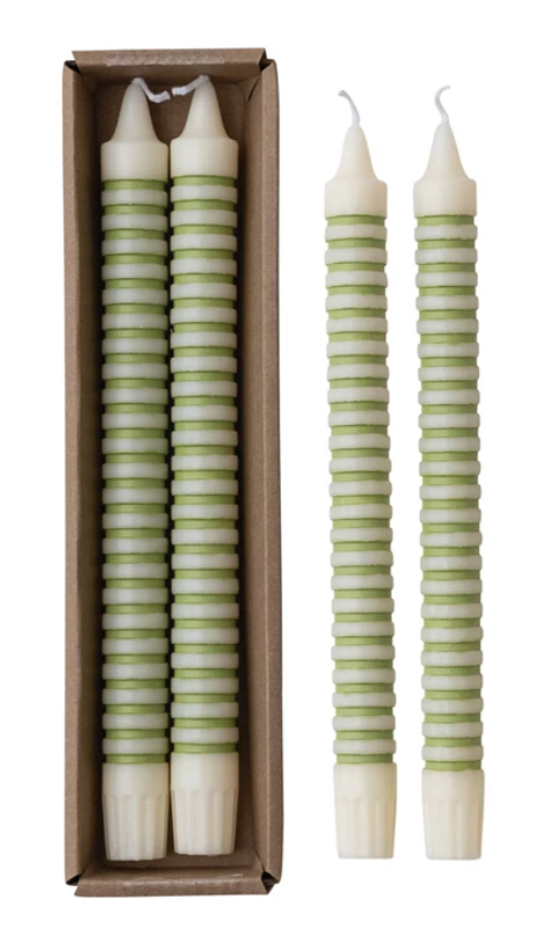Green Stripe Taper Candle Set of 2