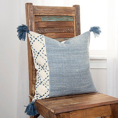 Blue Textured Throw Pillow with Tassels