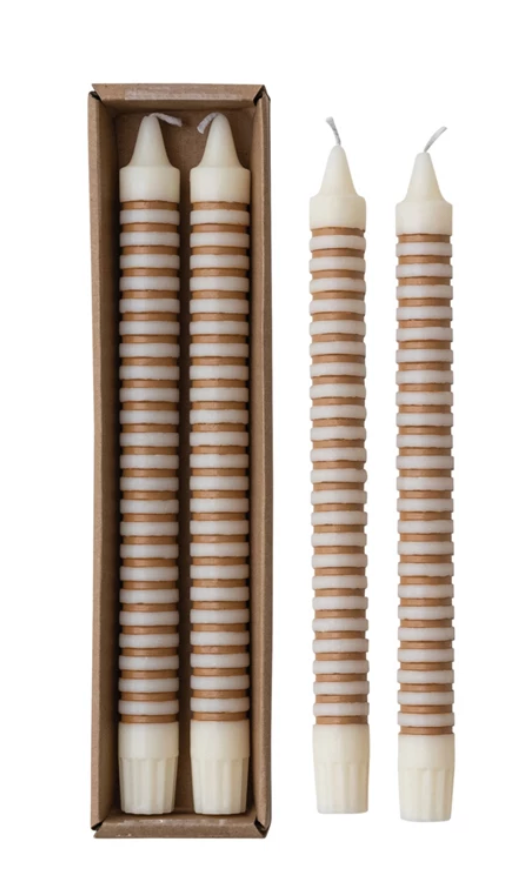 Tan Stripe Taper Candle Set of 2