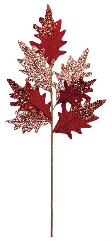 Sequin Velvet Holly Leaf Spray-Red