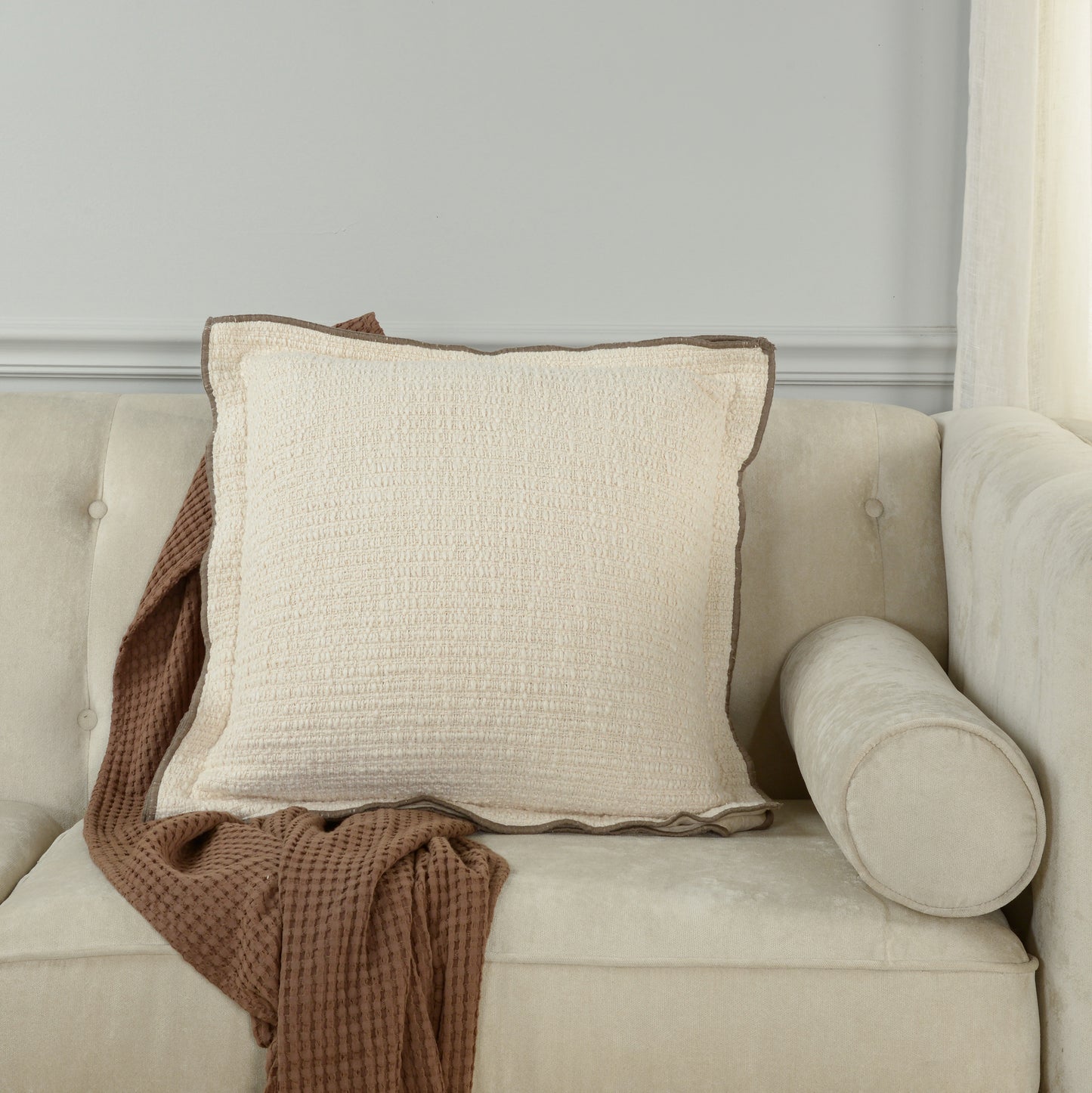 Cream and Brown Flange Edge Pillow