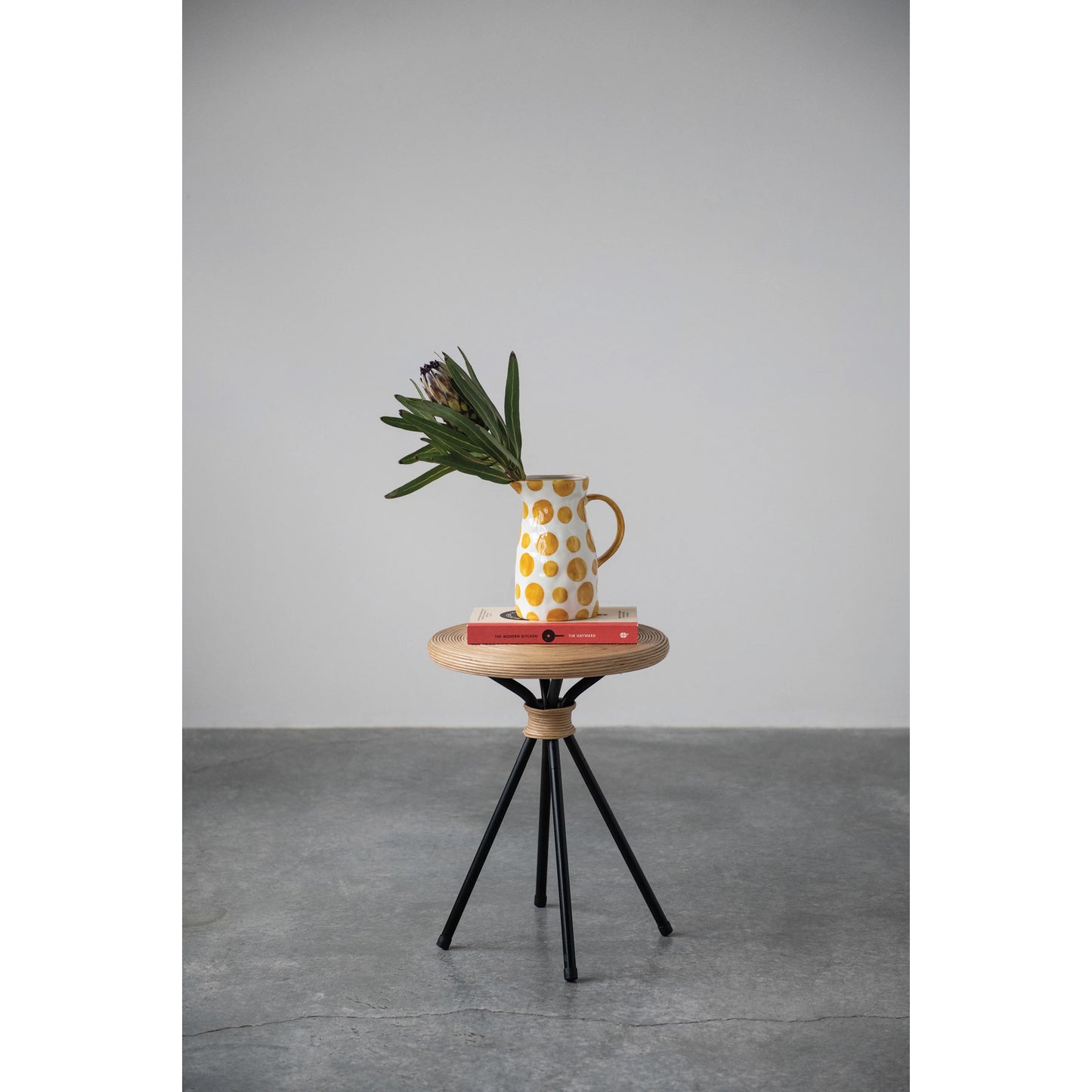 Round Hand-Woven Rattan Stool with Metal Legs