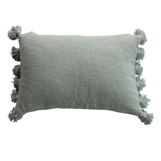 Cotton Slub Lumbar Pillow w/ Tassels, Aqua, Down Fill